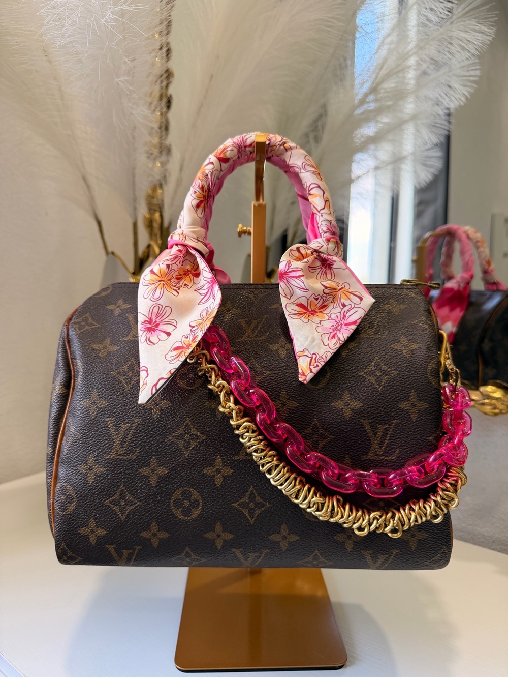 Louis Vuitton Brown Monogram Satchel with Pink Scarf & Hot Pink Chain